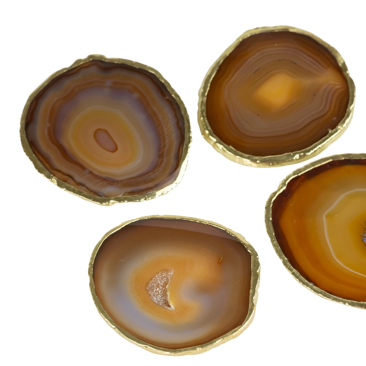 Kit Porta Copos em Ágata Natural Cristalizada tons caramelo borda banho Ouro 24k