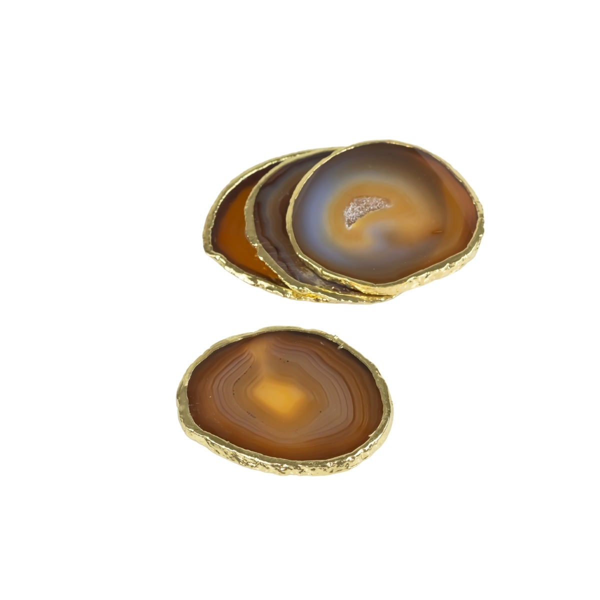 Kit Porta Copos em Ágata Natural Cristalizada tons caramelo borda banho Ouro 24k