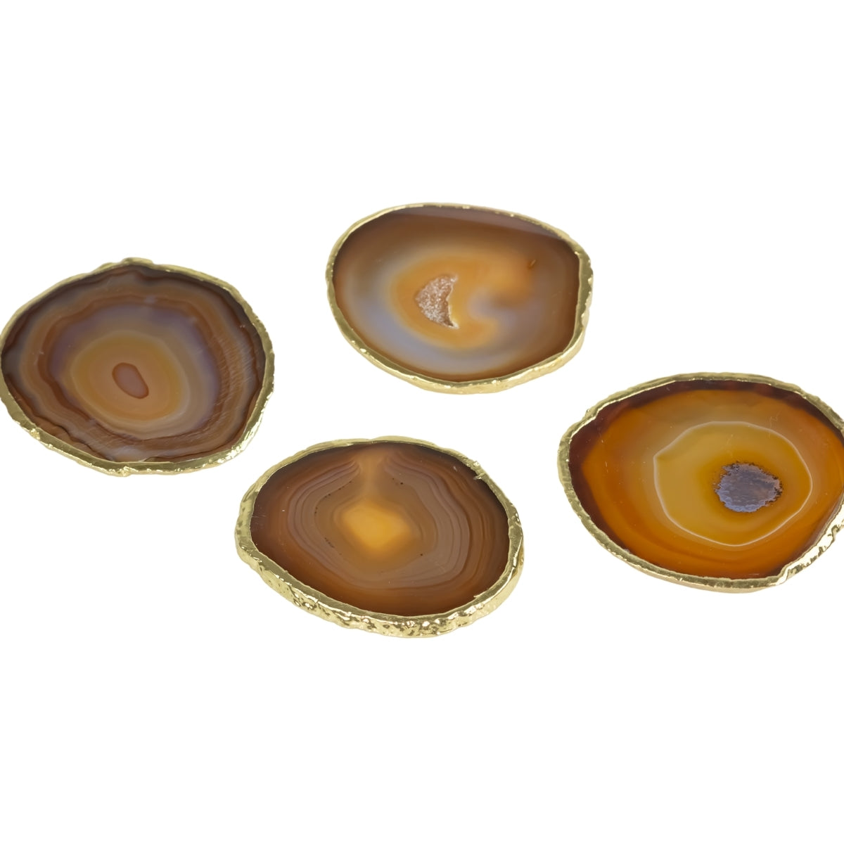 Kit Porta Copos em Ágata Natural Cristalizada tons caramelo borda banho Ouro 24k