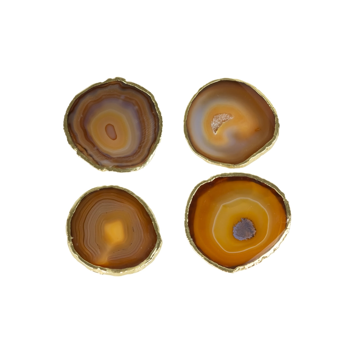 Kit Porta Copos em Ágata Natural Cristalizada tons caramelo borda banho Ouro 24k