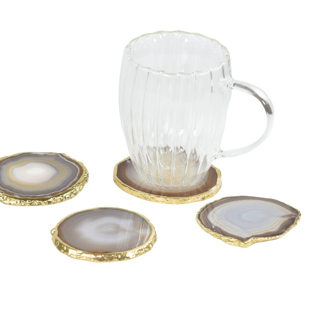 Kit Porta Copos em Ágata Natural Cristalizada tons cinza e caramelo borda banho Ouro 24k