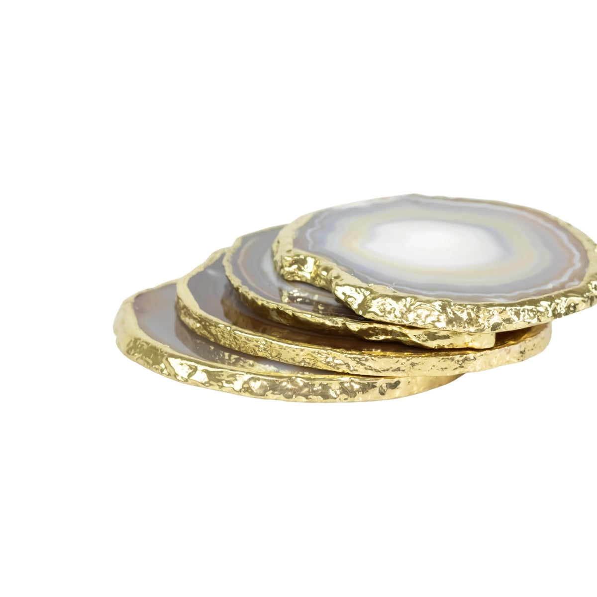 Kit Porta Copos em Ágata Natural Cristalizada tons cinza e caramelo borda banho Ouro 24k
