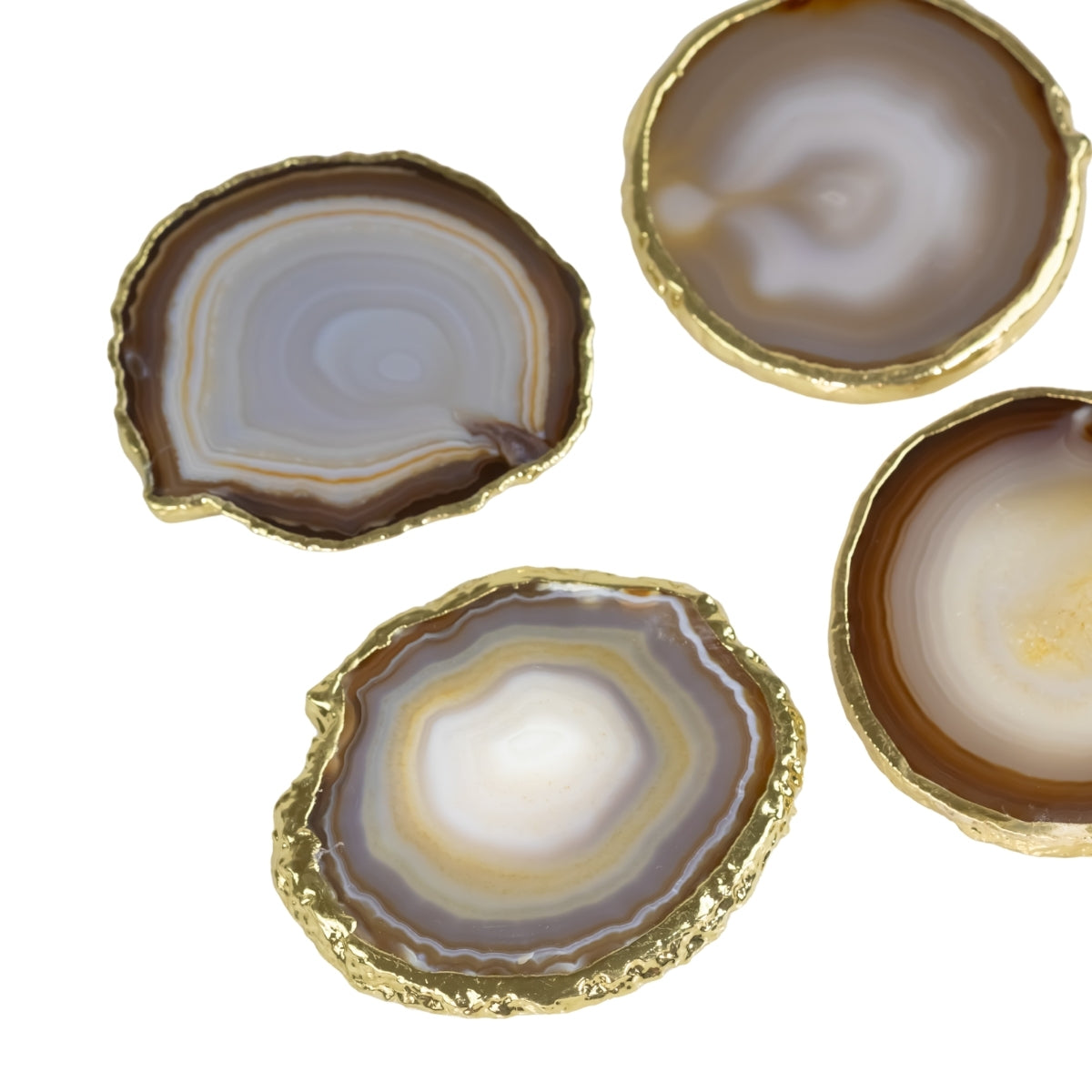 Kit Porta Copos em Ágata Natural Cristalizada tons cinza e caramelo borda banho Ouro 24k