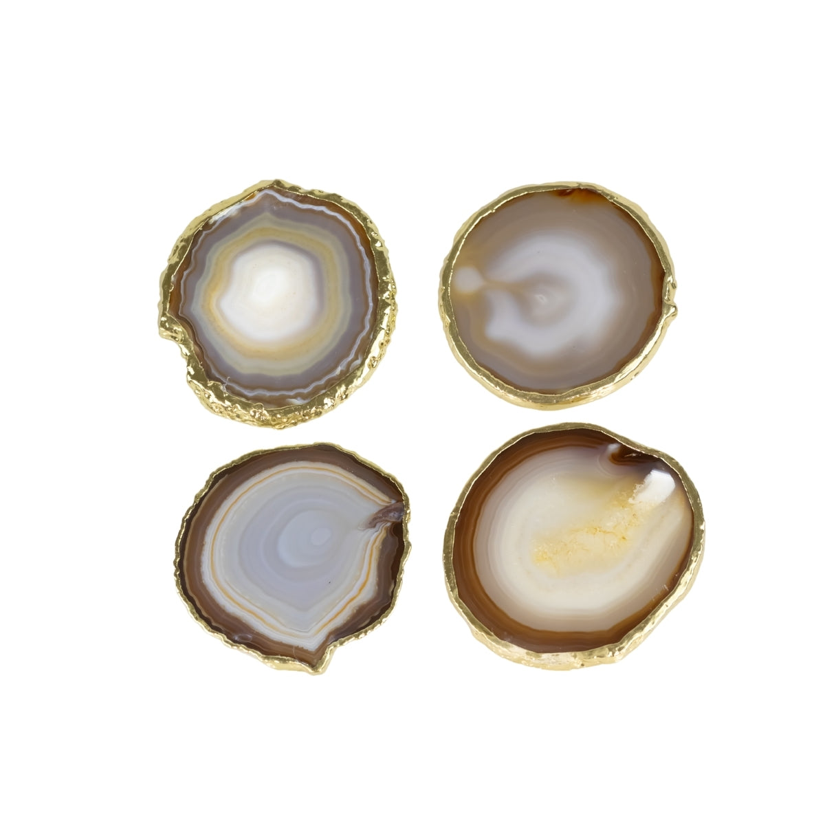 Kit Porta Copos em Ágata Natural Cristalizada tons cinza e caramelo borda banho Ouro 24k