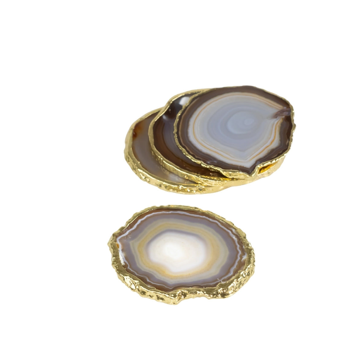 Kit Porta Copos em Ágata Natural Cristalizada tons cinza e caramelo borda banho Ouro 24k