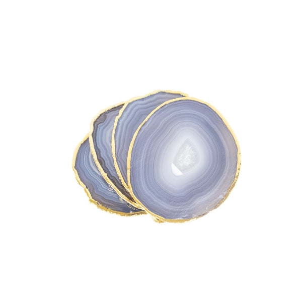 Kit Porta Copos em Ágata Natural tons azul e cinza borda banho Ouro 24k