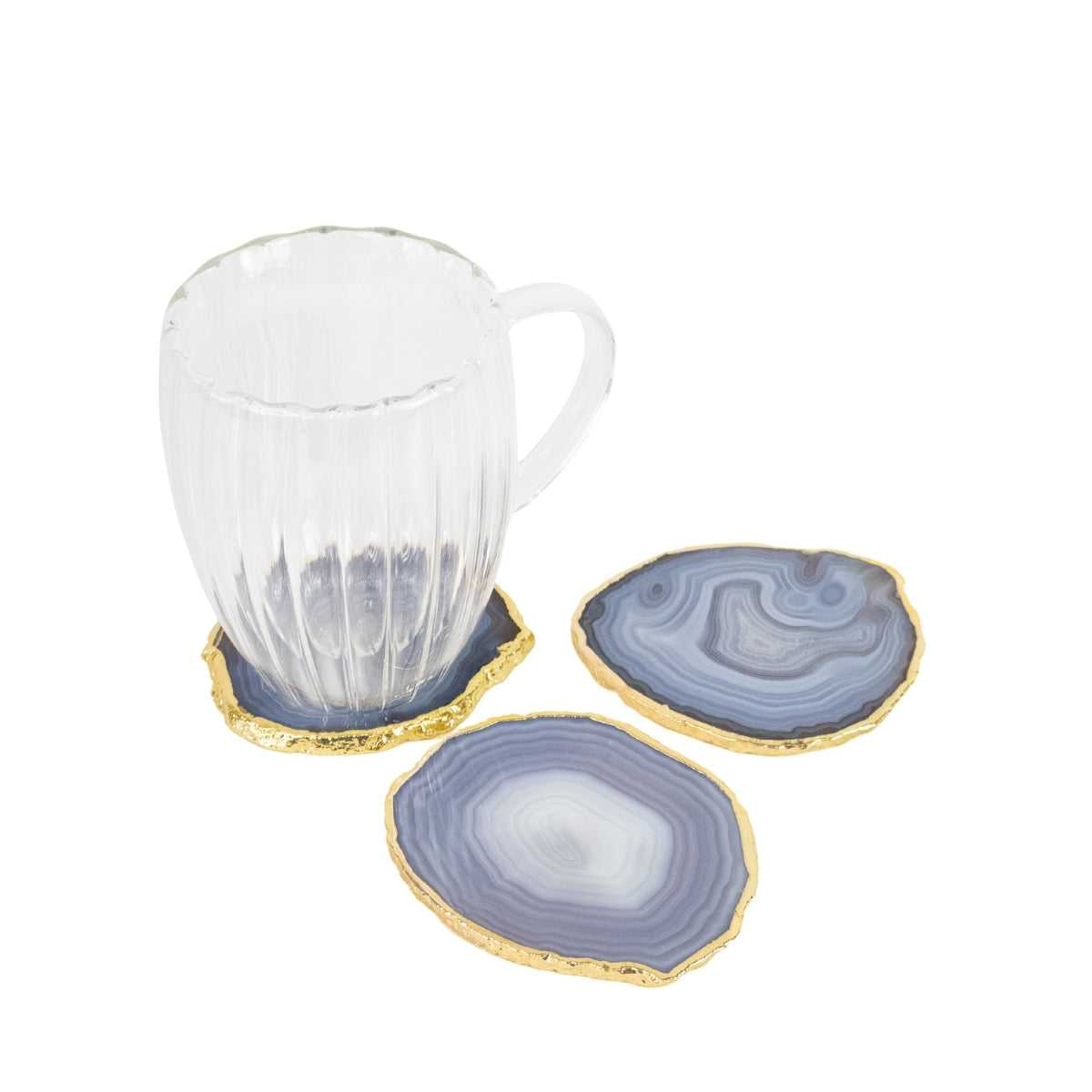 Kit Porta Copos em Ágata Natural tons azul e cinza borda banho Ouro 24k