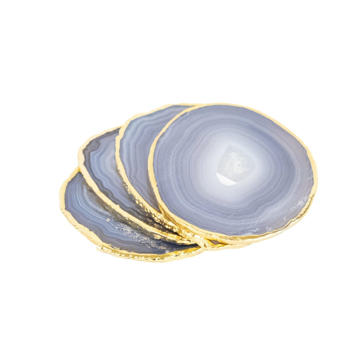 Kit Porta Copos em Ágata Natural tons azul e cinza borda banho Ouro 24k