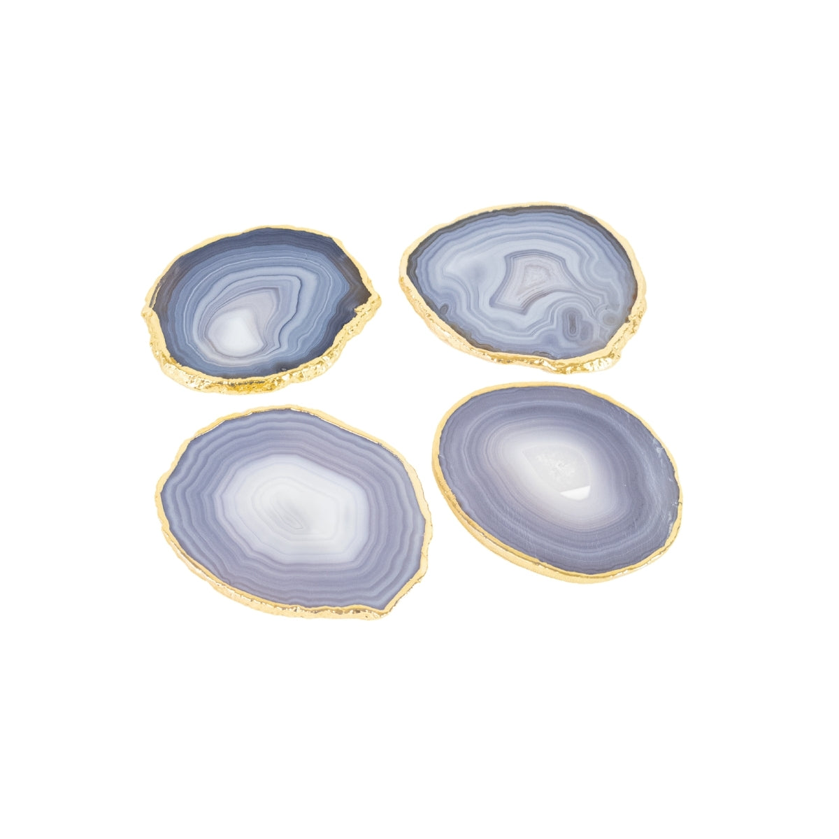 Kit Porta Copos em Ágata Natural tons azul e cinza borda banho Ouro 24k