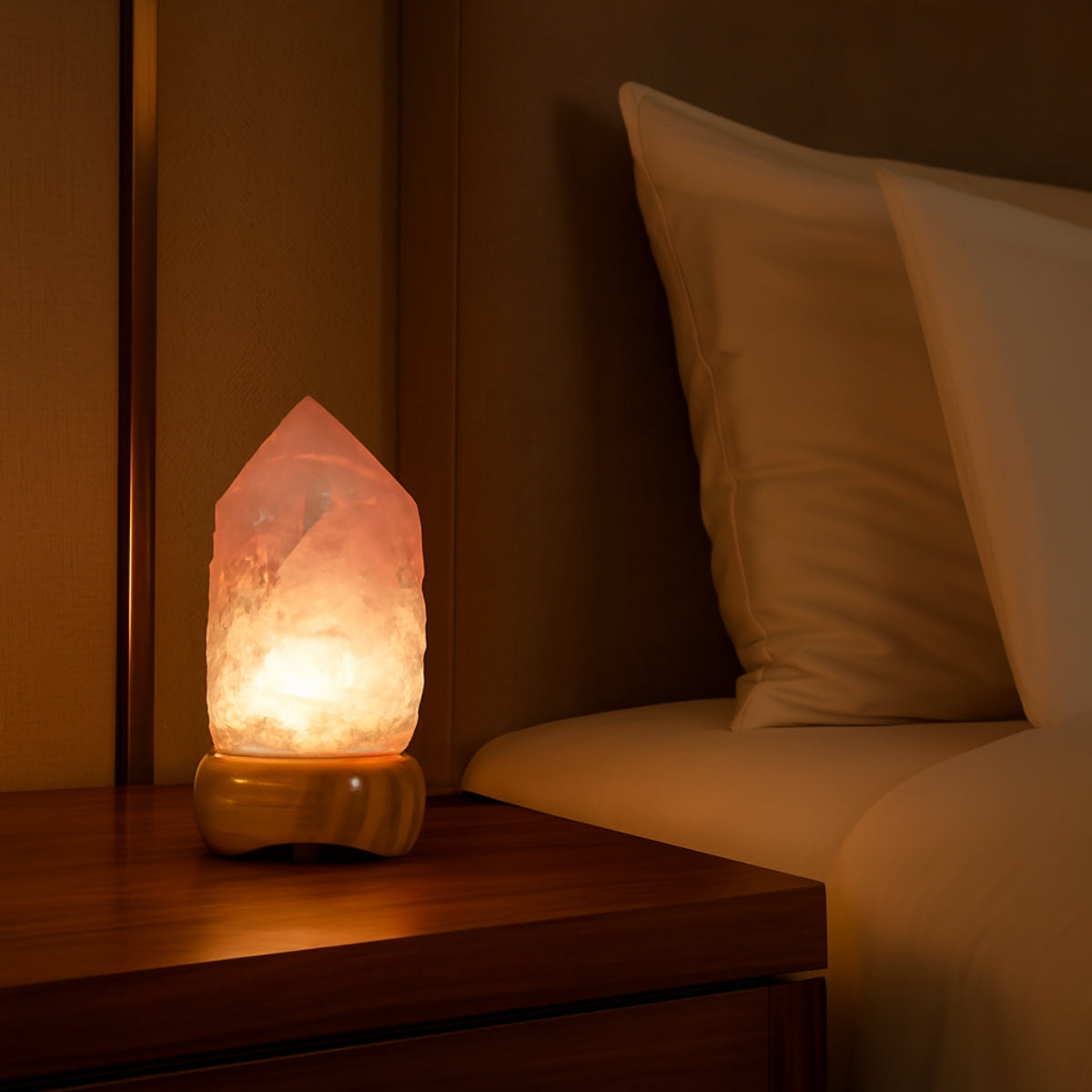 Luminária Ponta Quartzo Rosa na Base de Madeira Clara