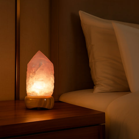 Luminária Ponta Quartzo Rosa na Base de Madeira Clara