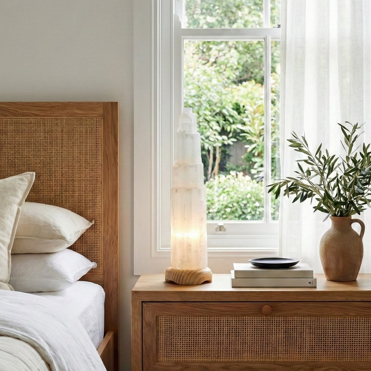 Luminária Selenita Branca Base Madeira Clara Grande