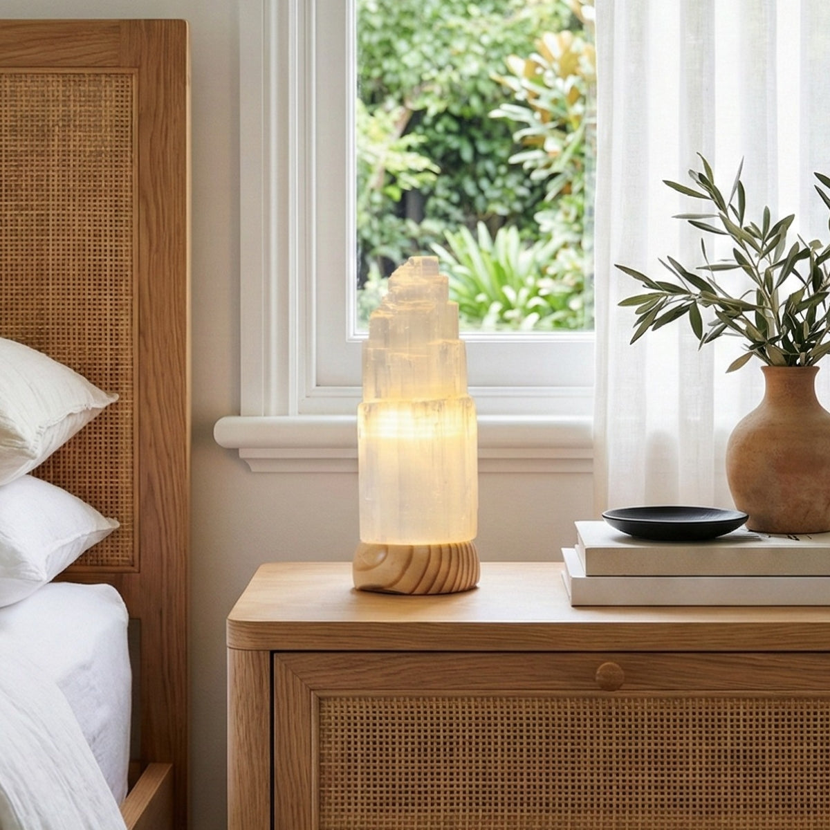 Luminária Selenita Branca Base Madeira Clara