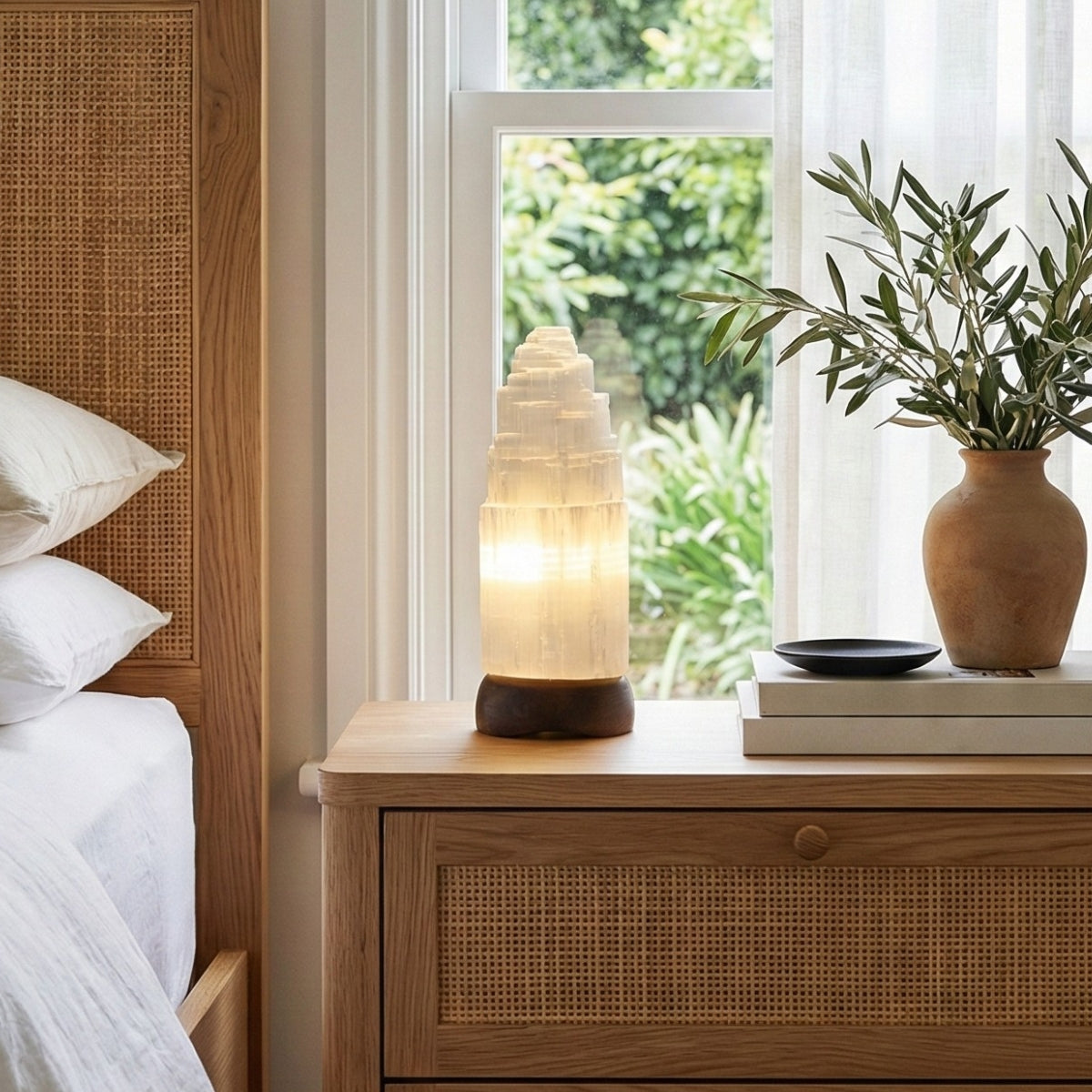 Luminária Selenita Branca Base Madeira Escura