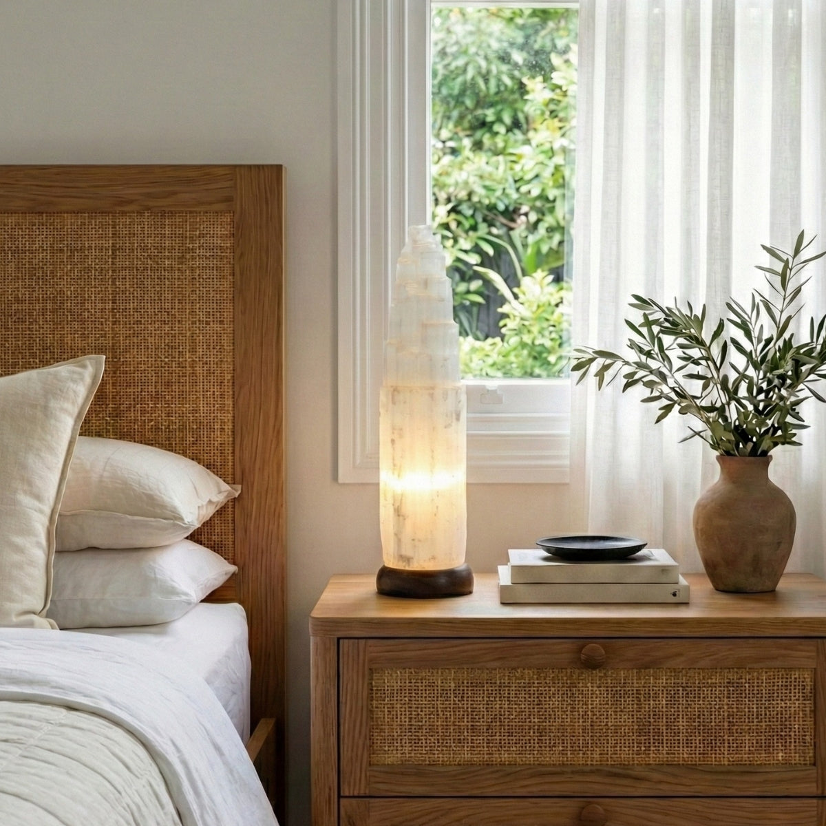 Luminária Selenita Branca Base Madeira Escura Grande