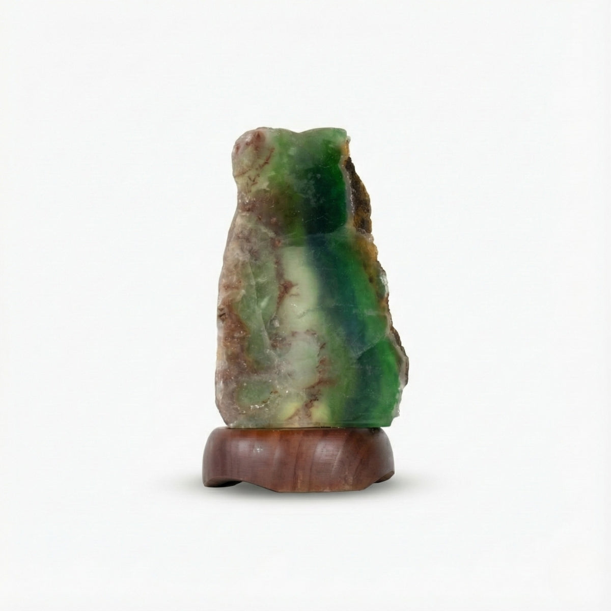 Luminária de Fluorita Verde na Base de Madeira Escura