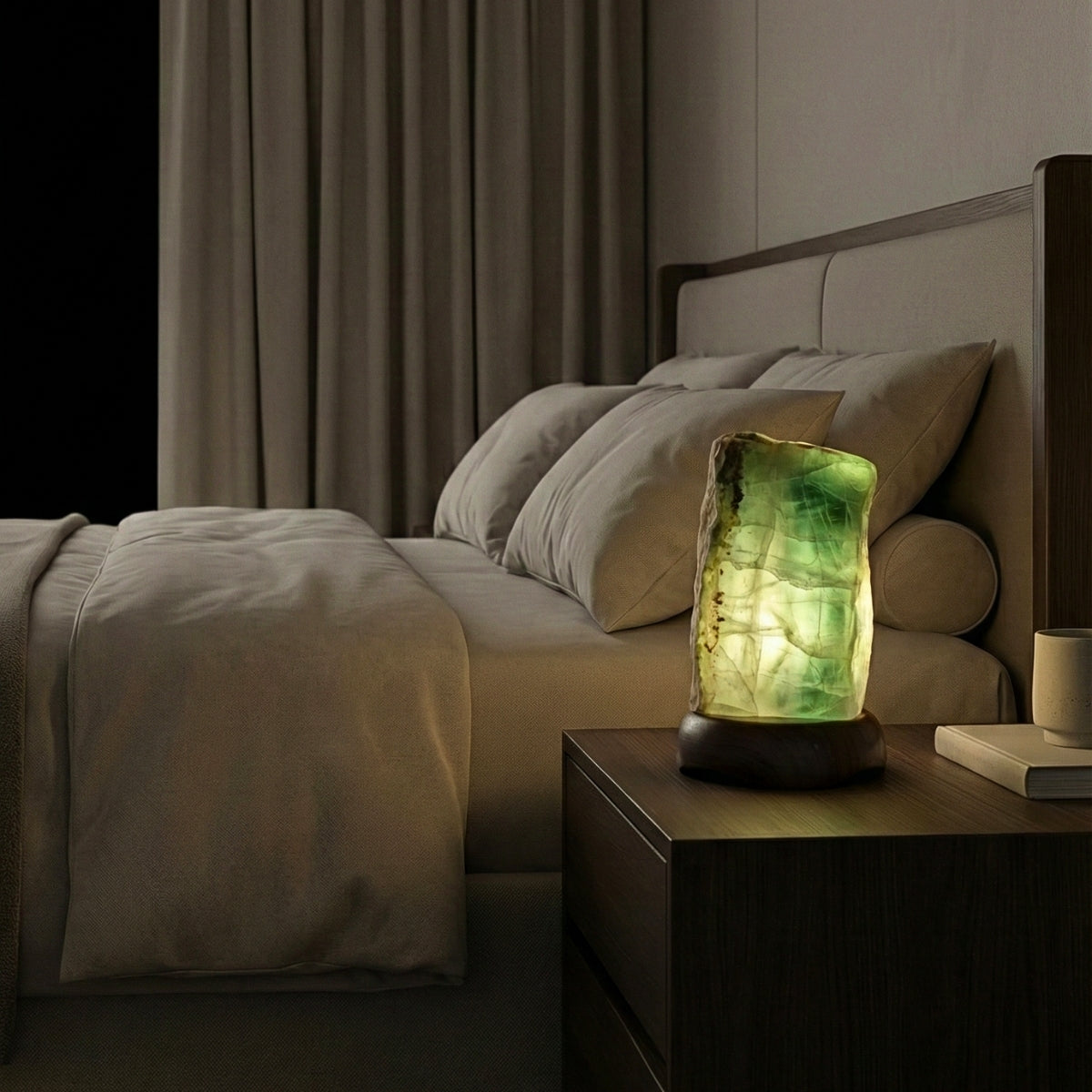 Luminária de Fluorita Verde na Base de Madeira Escura