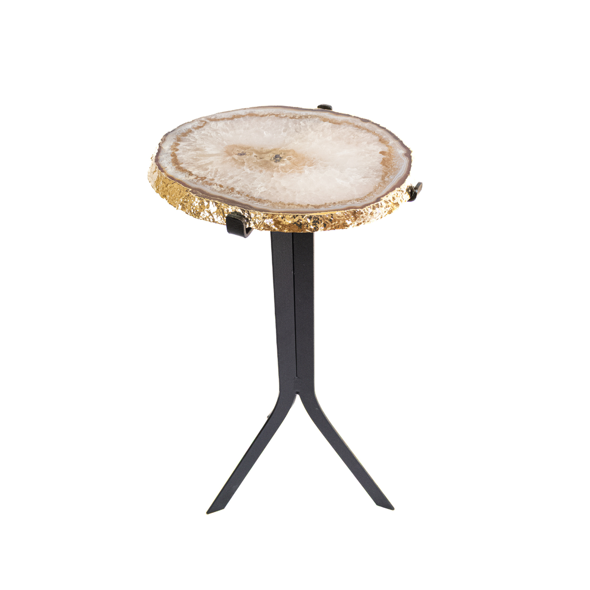 Mesa Chapa de Ágata e Cristal de Quartzo Natural Borda Banho Ouro 24k 4,100kg