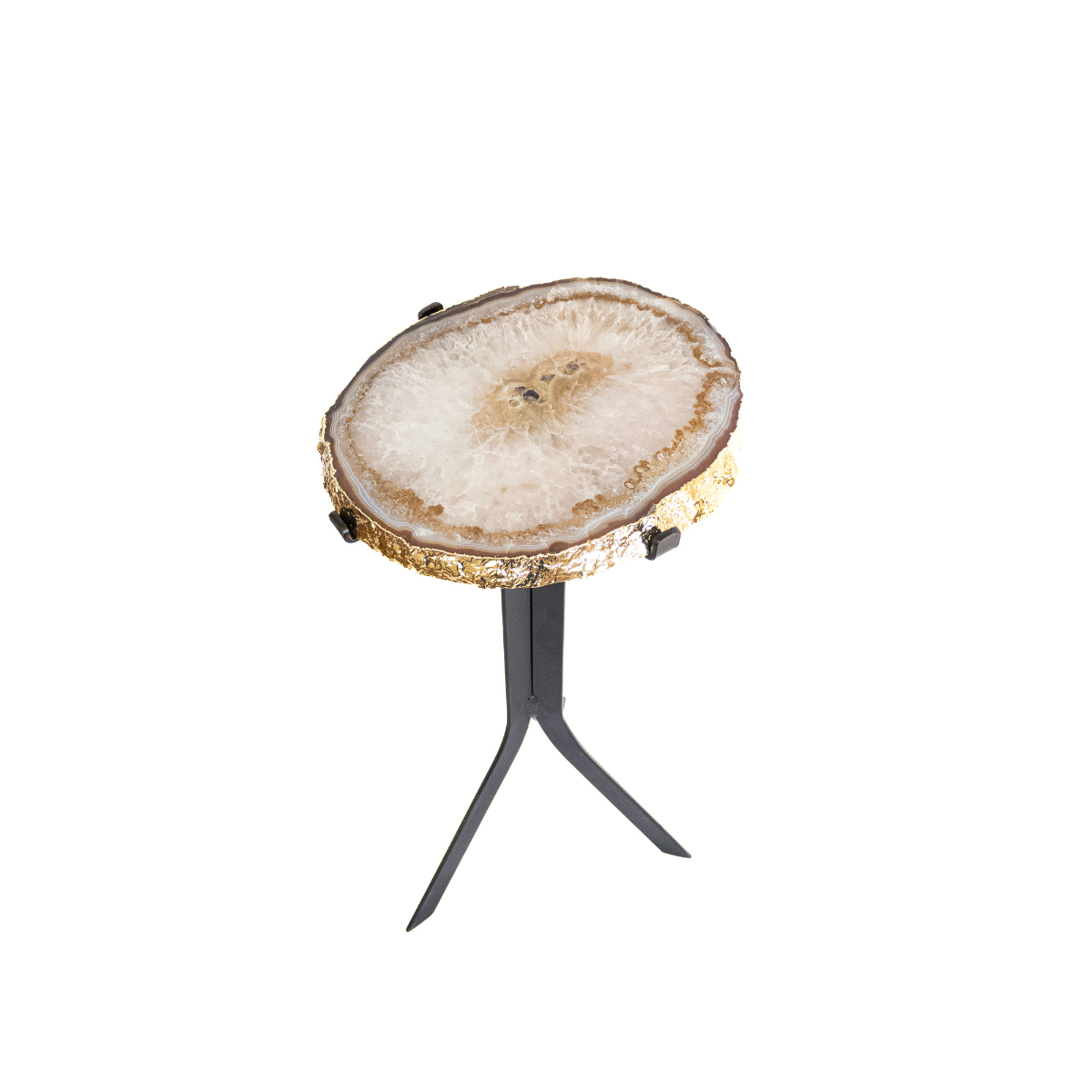 Mesa Chapa de Ágata e Cristal de Quartzo Natural Borda Banho Ouro 24k 4,100kg