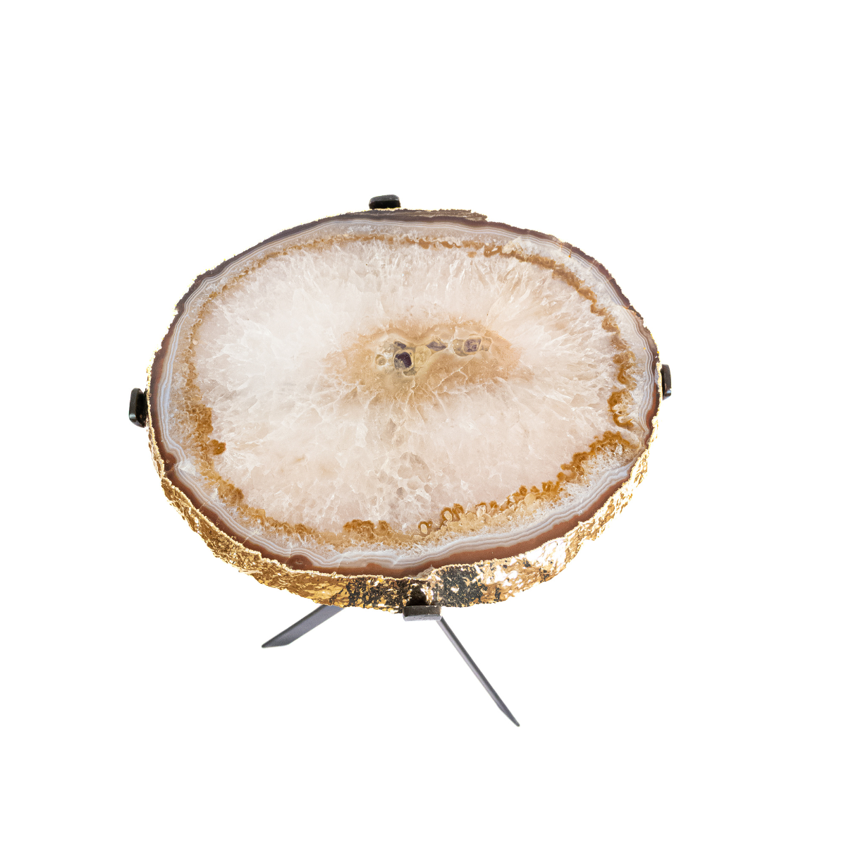 Mesa Chapa de Ágata e Cristal de Quartzo Natural Borda Banho Ouro 24k 4,100kg