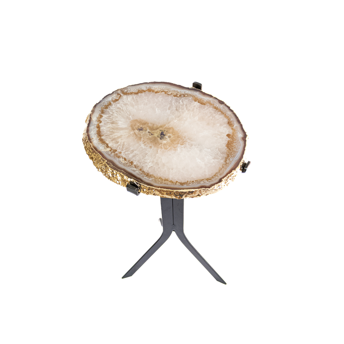 Mesa Chapa de Ágata e Cristal de Quartzo Natural Borda Banho Ouro 24k 4,100kg