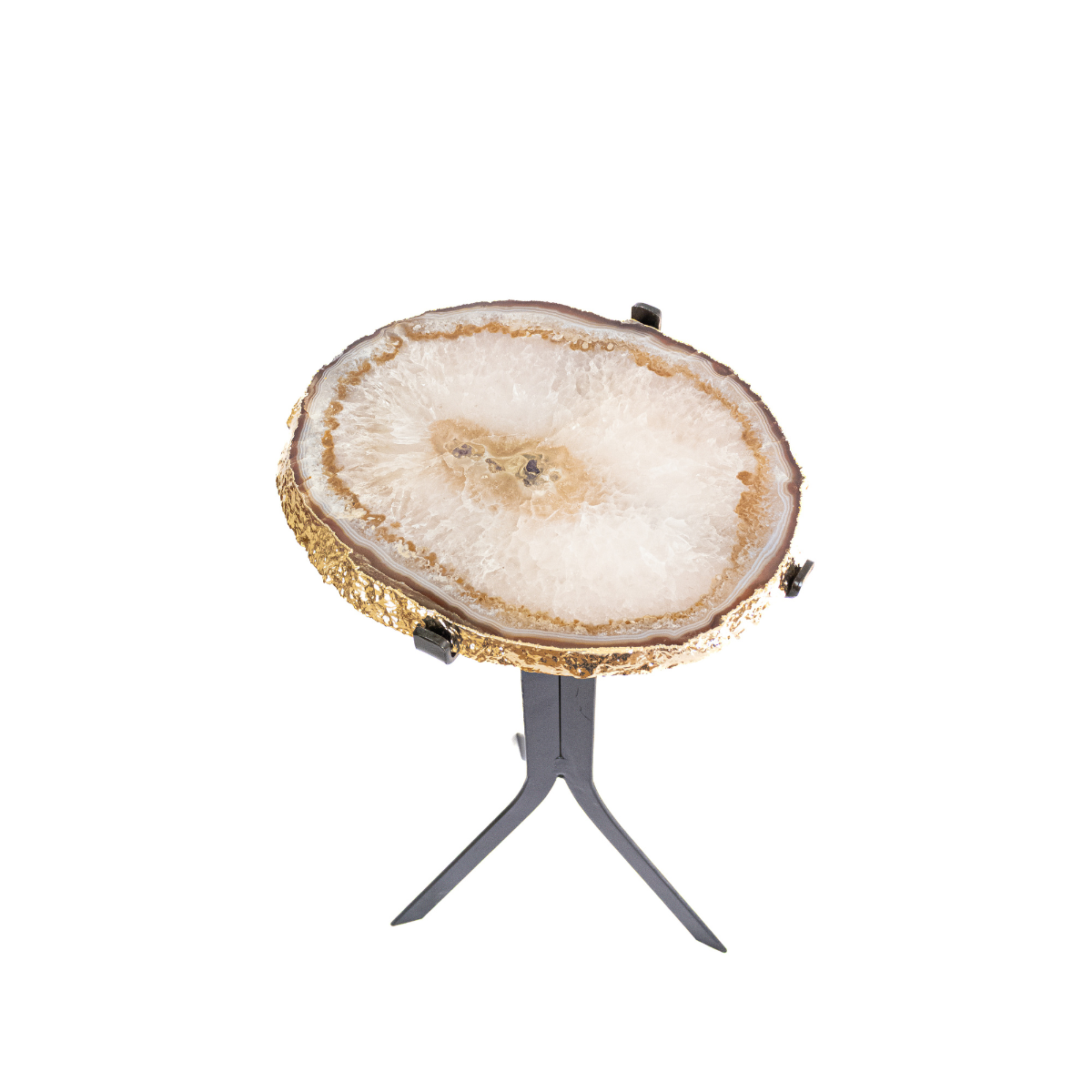 Mesa Chapa de Ágata e Cristal de Quartzo Natural Borda Banho Ouro 24k 4,100kg