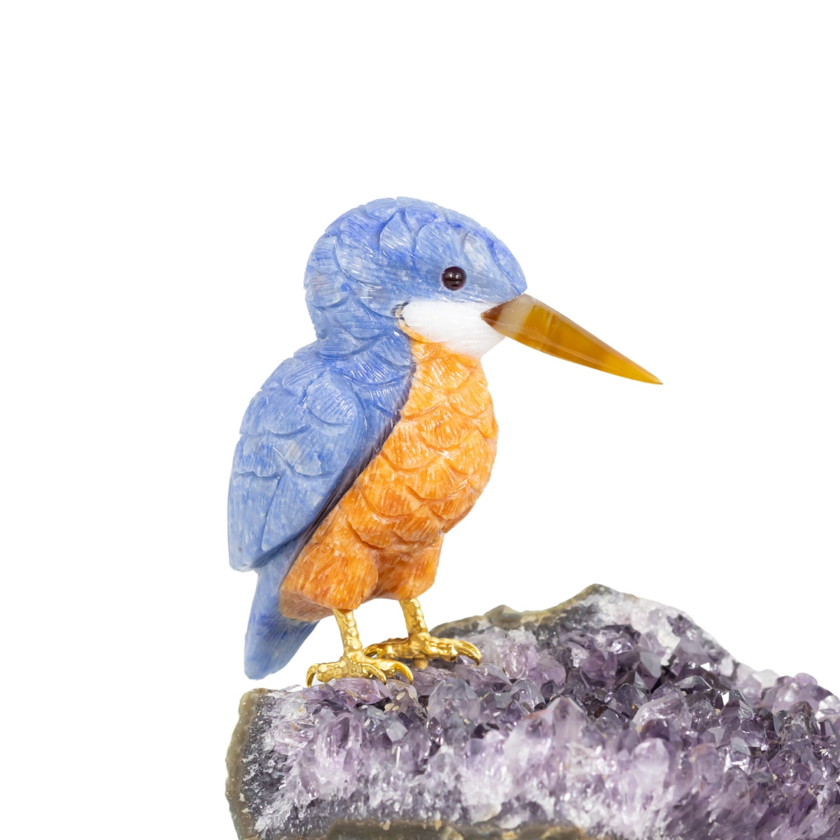 Pássaro Martim-Pescador Esculpido em Quartzo Azul e Calcita Orquídea Laranja na Drusa de Ametista 1,275 kg