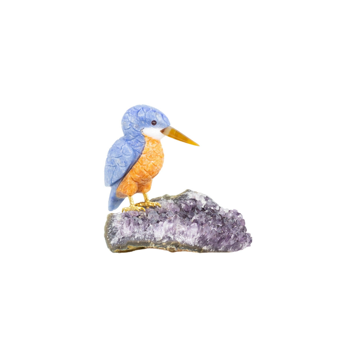 Pássaro Martim-Pescador Esculpido em Quartzo Azul e Calcita Orquídea Laranja na Drusa de Ametista 1,275 kg
