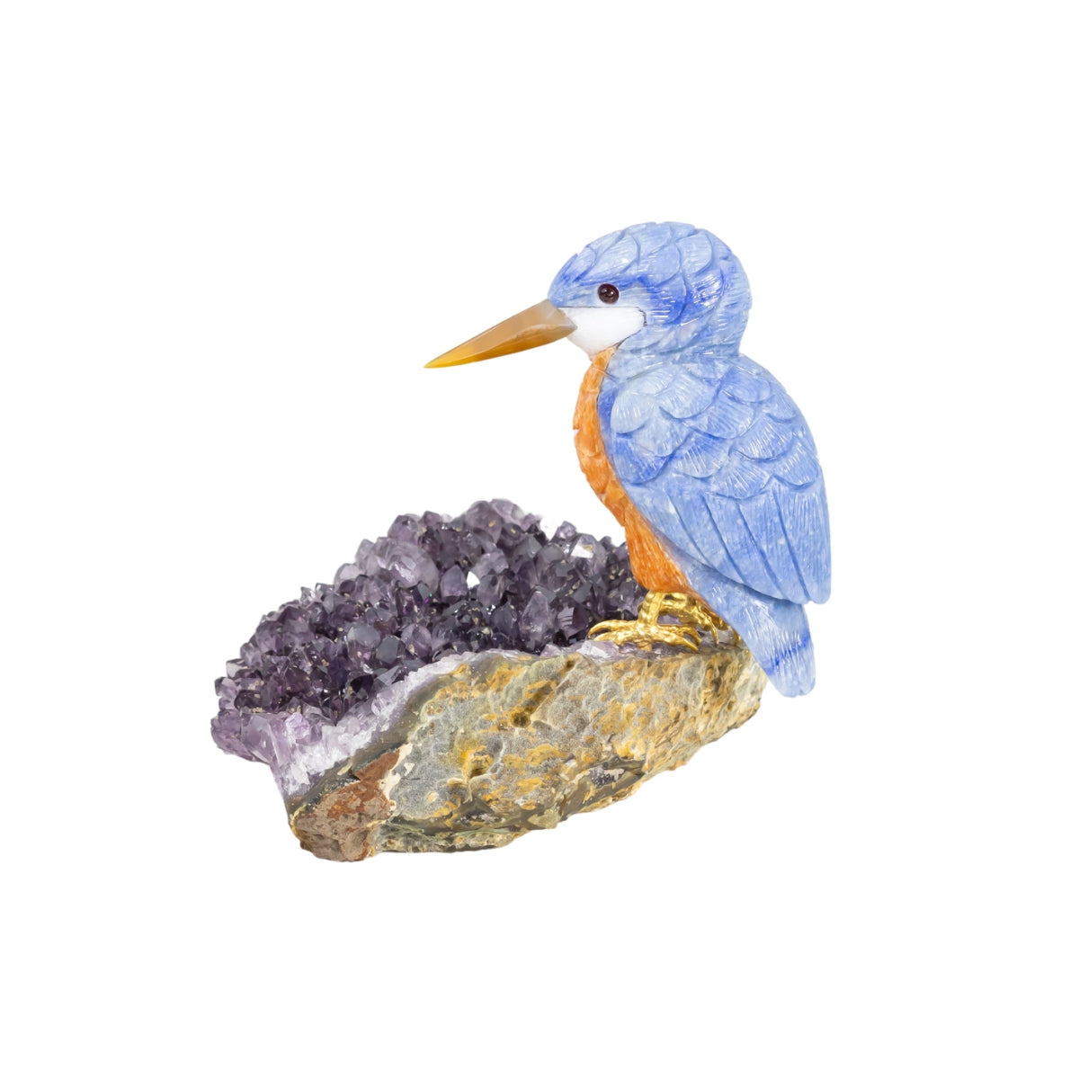 Pássaro Martim-Pescador Esculpido em Quartzo Azul e Calcita Orquídea Laranja na Drusa de Ametista 1,275 kg
