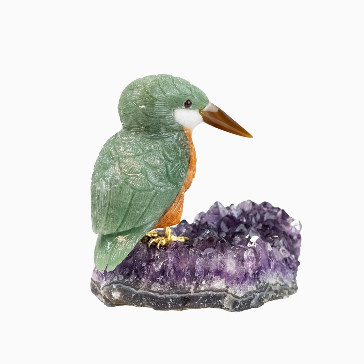 Pássaro Martim-Pescador Esculpido em Quartzo Verde e Calcita Orquídea Laranja na Drusa de Ametista