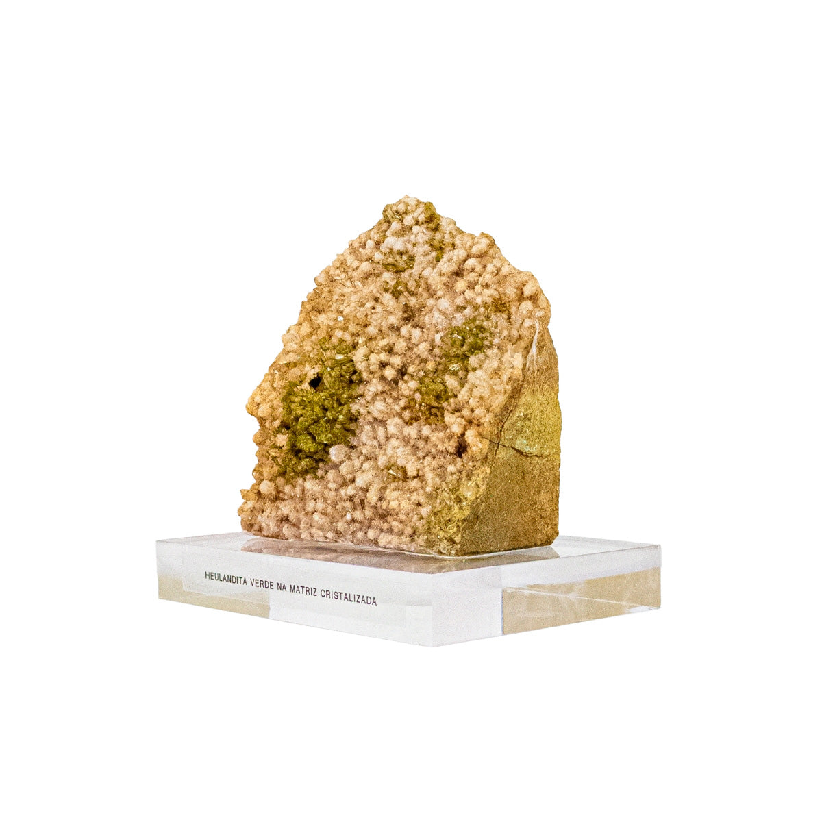 Pedra Heulandita Verde Cristalizada na Matriz na Base Acrílica  - Formação Rara ( Coleção ) 1,016 kg