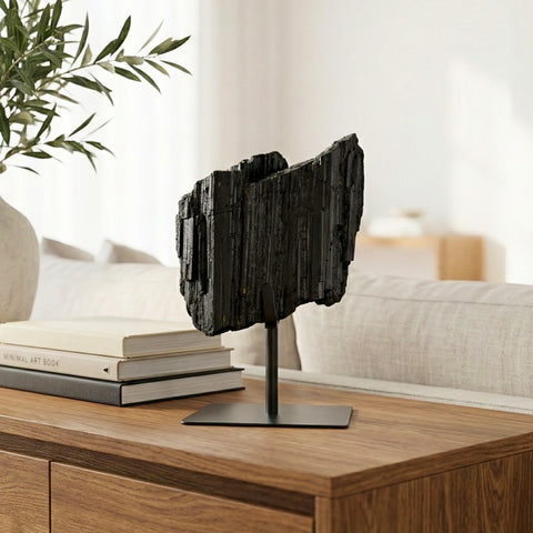 Pedra Turmalina Negra Bruta na Base Metal Preto Fosco 3,980 kg