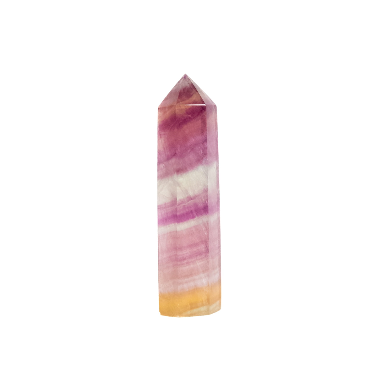 Ponta Fluorita Multicolorida (arco-íris), tons rosa e laranja cristalizada, polida, 135 gramas