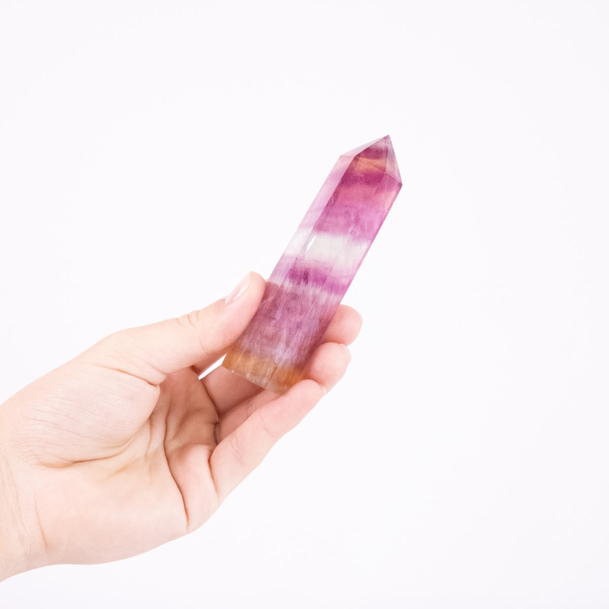 Ponta Fluorita Multicolorida (arco-íris), tons rosa e laranja cristalizada, polida, 135 gramas