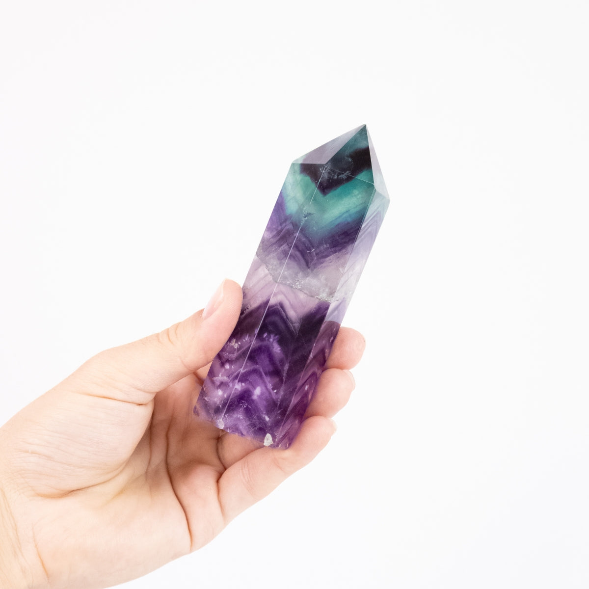 Ponta Fluorita Multicolorida (arco-íris), tons roxo e verde, polida, 278 gramas