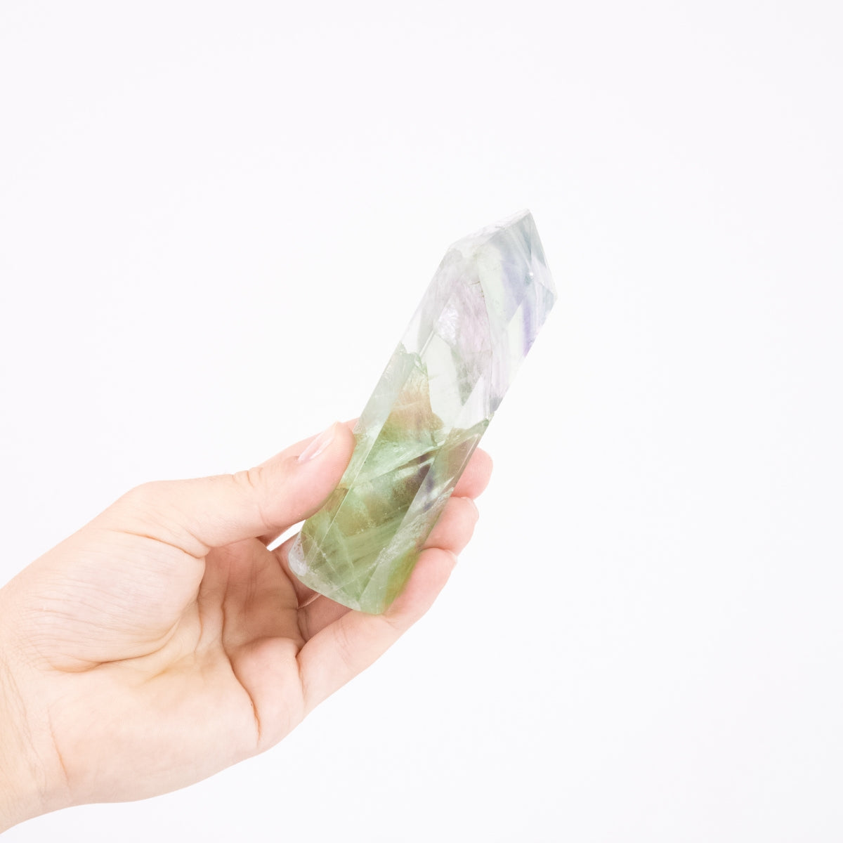 Ponta Fluorita Multicolorida (arco-íris), tons verde cristalizada, polida, 216 gramas