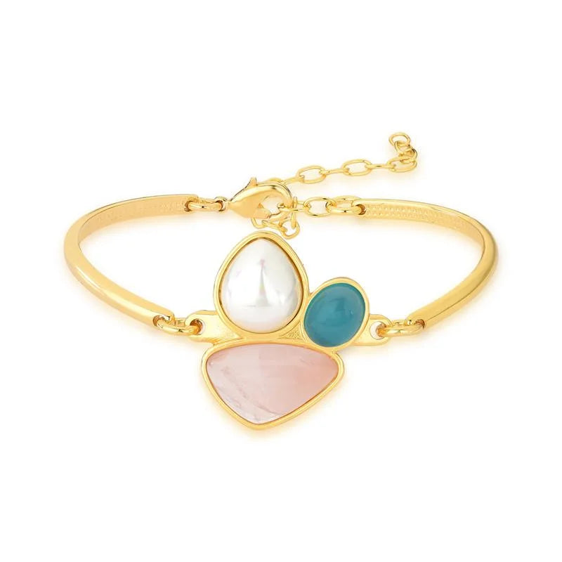 Pulseira Bold em Quartzo Rosa, Ágata Azul Ceu e Pérola Banho Ouro 24k