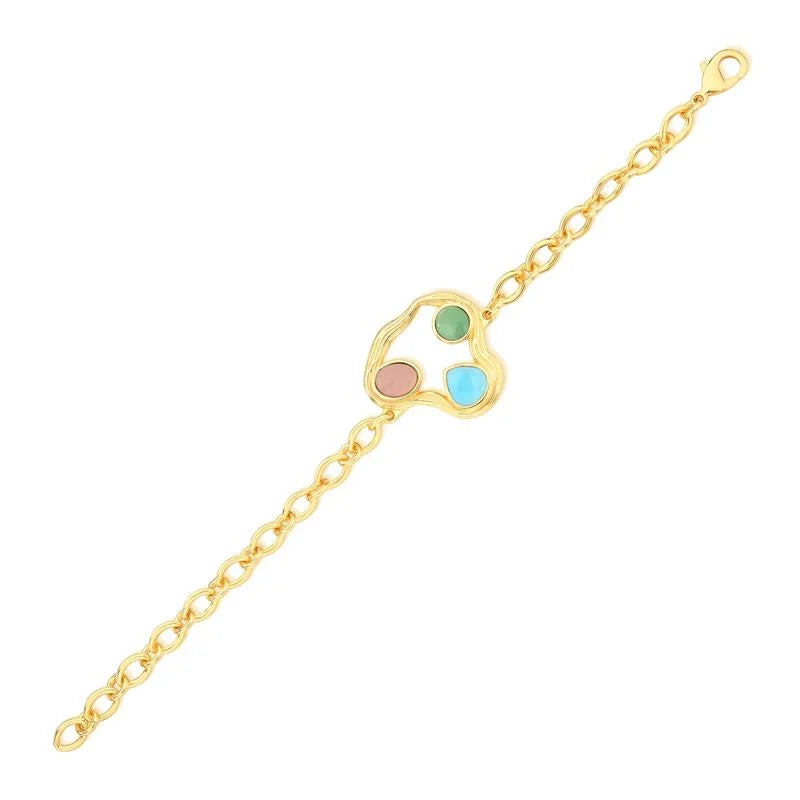 Pulseira Elemental em Quartzo Rosa, Quartzo Verde e Ágata Azul Céu Banho Ouro 24k