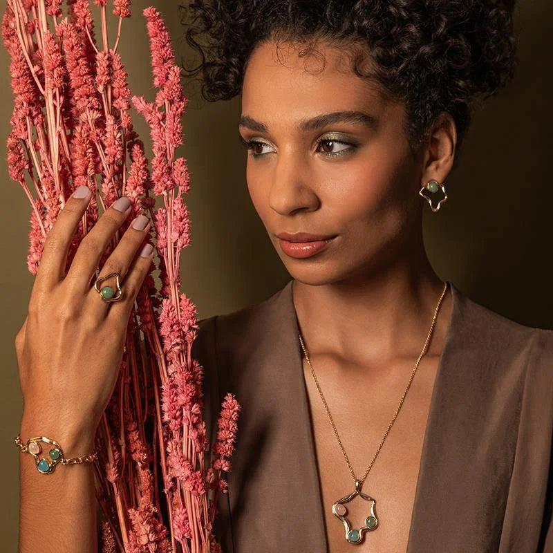 Pulseira Elemental em Quartzo Rosa, Quartzo Verde e Ágata Azul Céu Banho Ouro 24k
