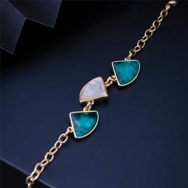 Pulseira Pedra Esmeralda e Opala do Mar Lapidada Banho Ouro 24k