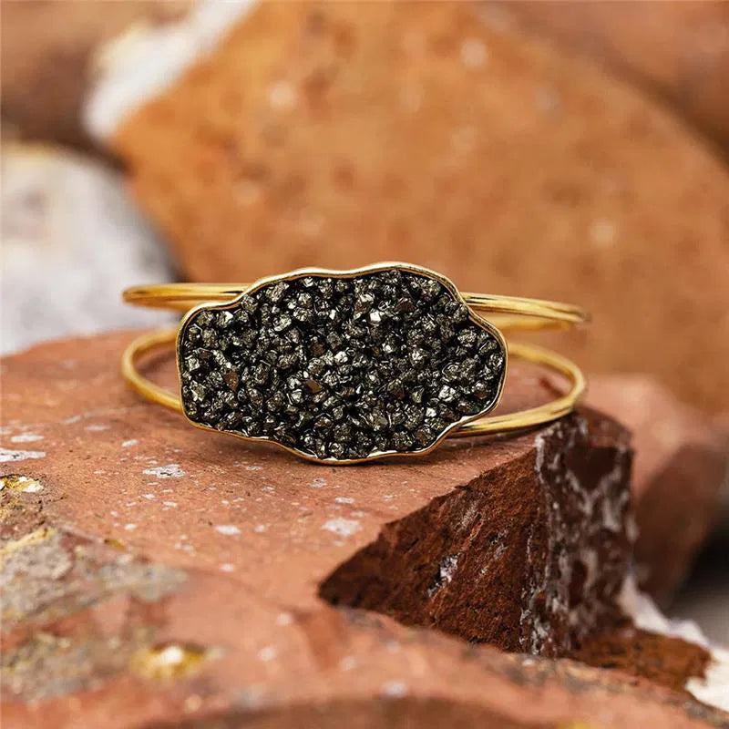 Pulseira Pedra Pirita Banho Ouro Ajustável