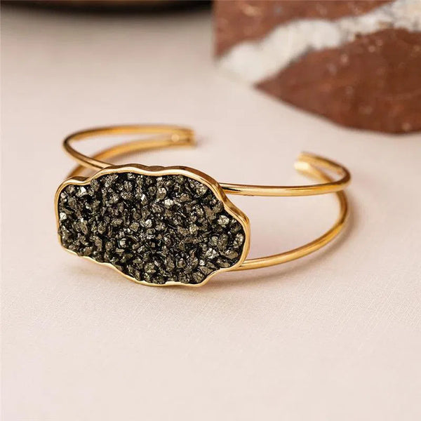 Pulseira Pedra Pirita Banho Ouro Ajustável