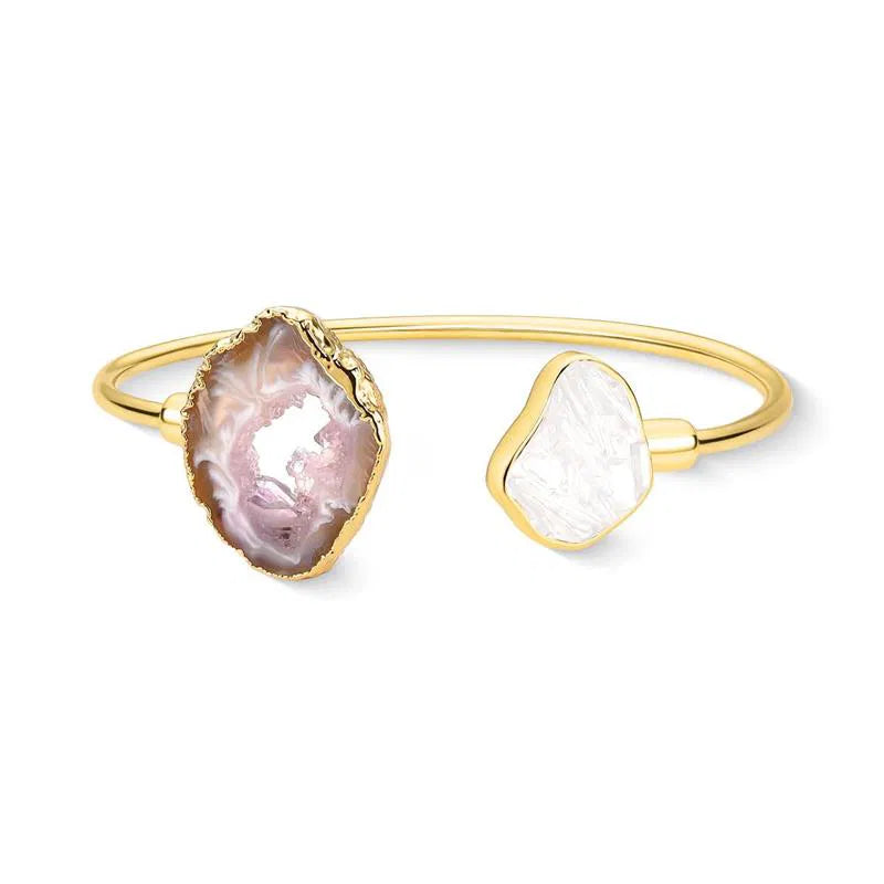 Pulseira Selenita Branca com Geodo de Ágata Natural Banho Ouro