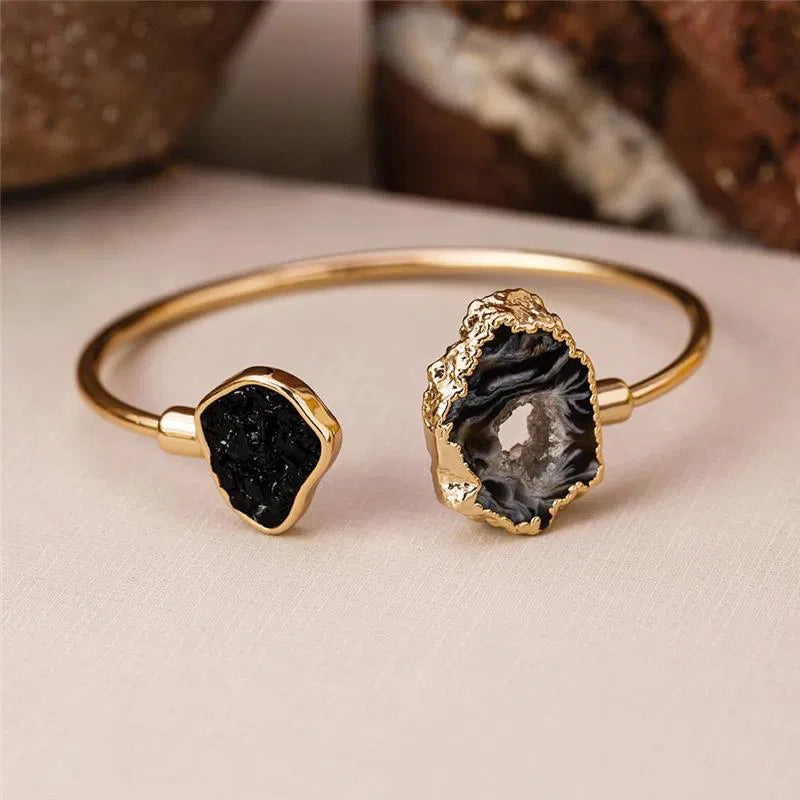 Pulseira Turmalina Negra com Geodo de Ágata Natural Banho Ouro