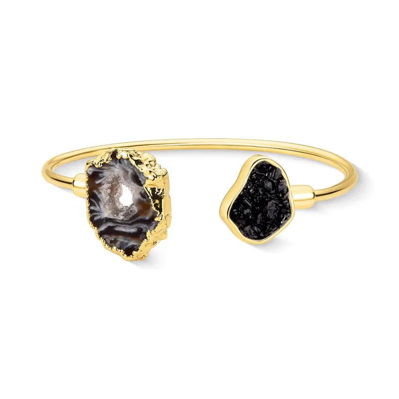Pulseira Turmalina Negra com Geodo de Ágata Natural Banho Ouro