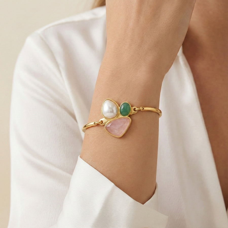 Pulseira Bold em Quartzo Rosa, Quartzo Verde e Pérola Banho Ouro 24k