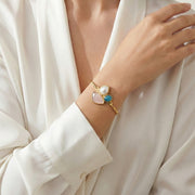 Pulseira Bold em Quartzo Rosa, Ágata Azul Ceu e Pérola Banho Ouro 24k