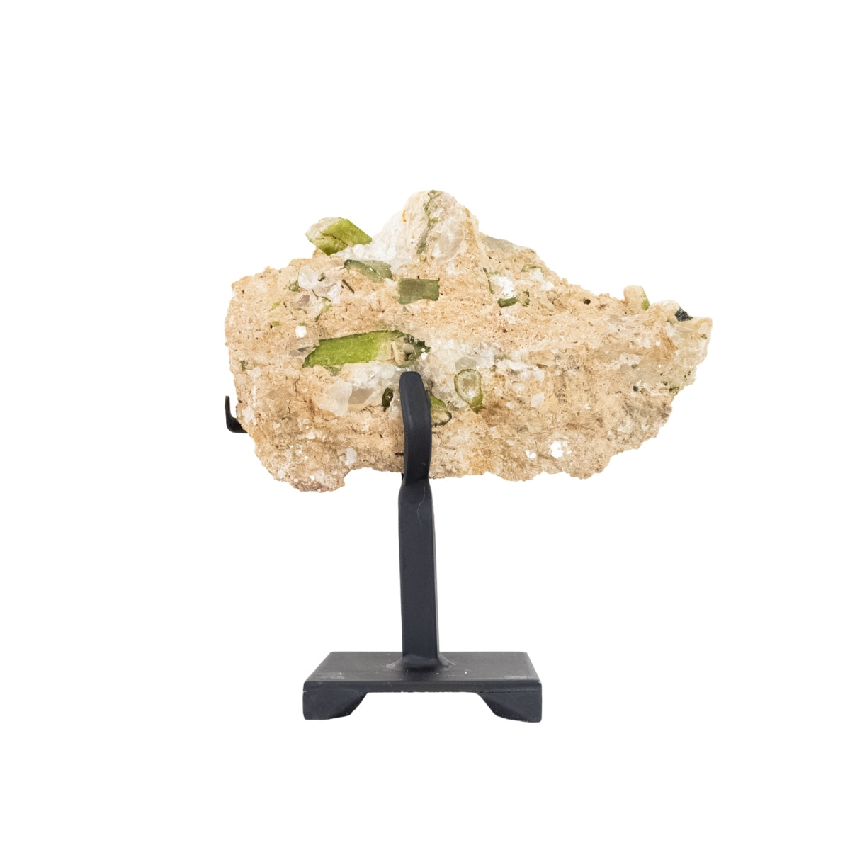 Turmalina Elbaíta ( Verde ) na Matriz com Inclusões de Mica Quartzo e Topázio Incolor na Base Metal 3,445 kg ( Coleção )