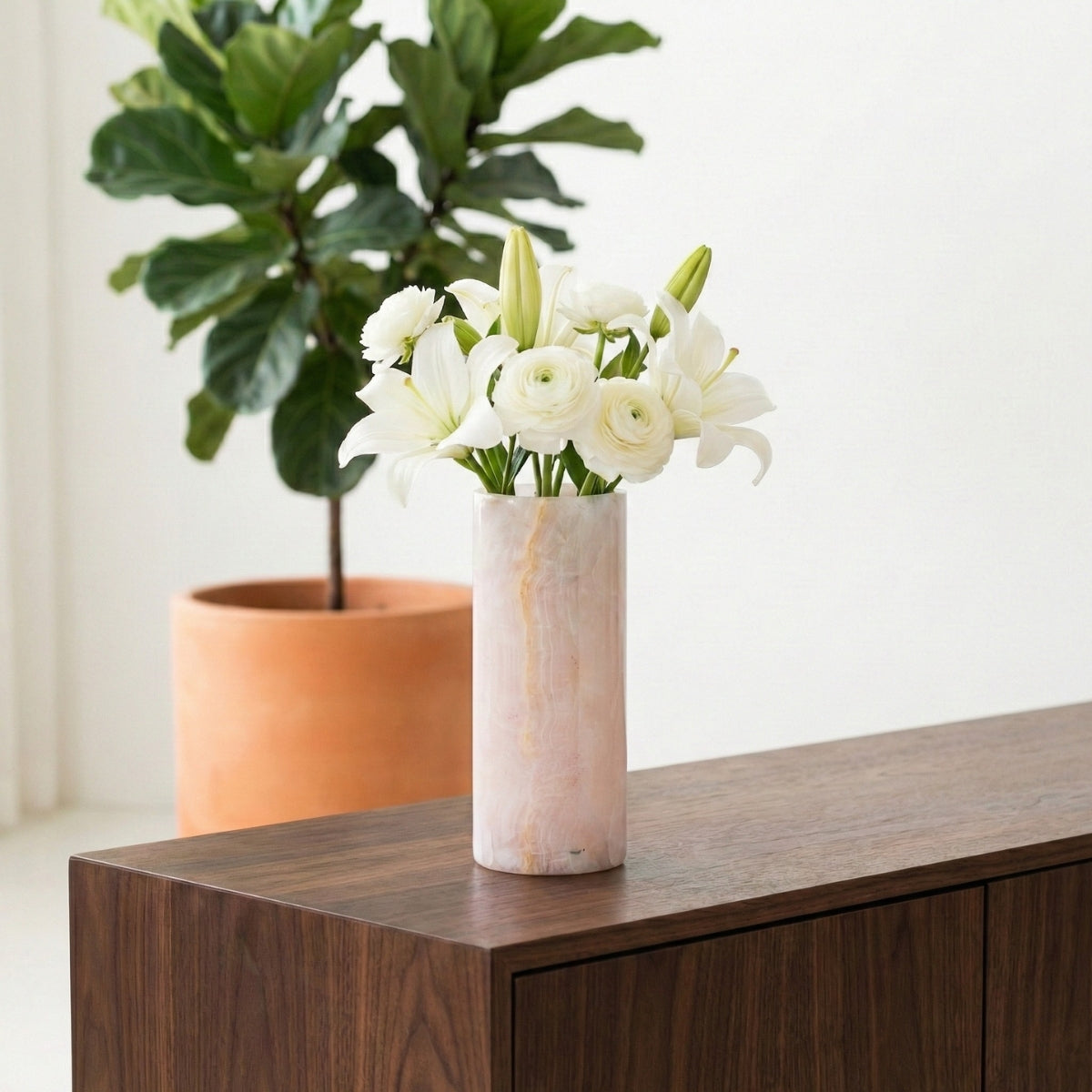 Vaso Cilíndrico Pedra Calcita Rosa