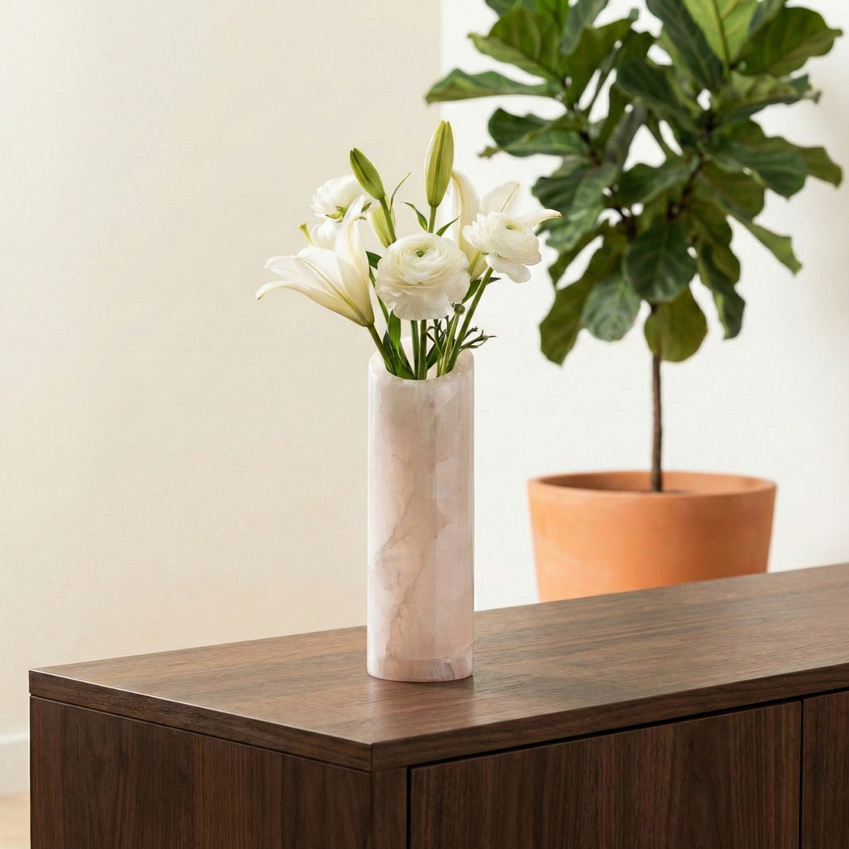 Vaso Cilíndrico Pedra Calcita Rosa